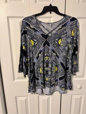 Cato Blue Paisley V-Neck Tunic with Yellow Accents